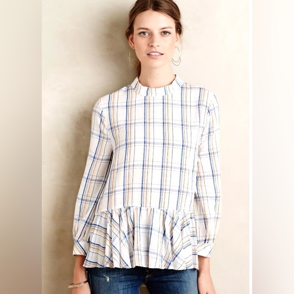 Anthropologie Tops - ANTHROPOLOGIE Maeve Plaid Ruffle Blouse Top Long Sleeve High Low Hem SZ 10 EUC